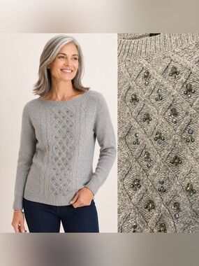 Talbots Gray Embellished Cable Knit Wool Blend Boat Neck Sweater Size S